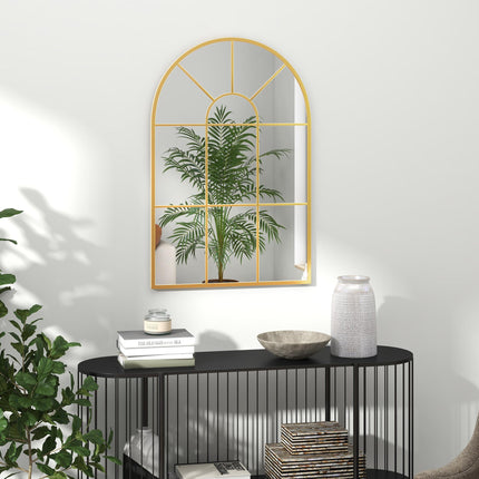 Modern Arched Wall Mirror 91 x 60 cm with Grid Frame - Gold Tone
