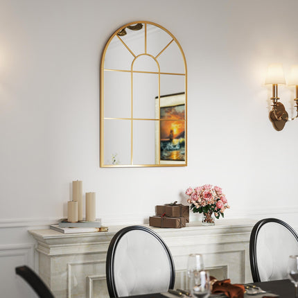 Modern Arched Wall Mirror 91 x 60 cm with Grid Frame - Gold Tone