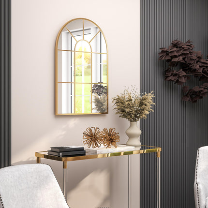 Modern Arched Wall Mirror 91 x 60 cm with Grid Frame - Gold Tone