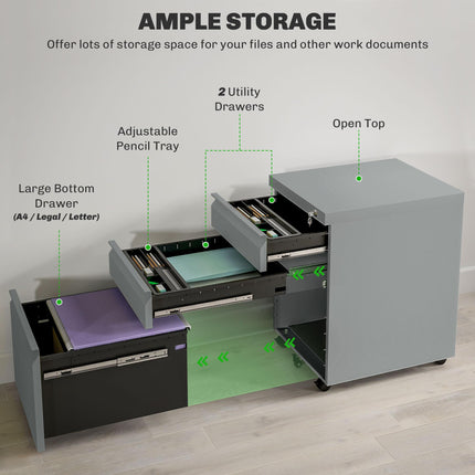 3 Drawer Filling Cabinet, Mobile Metal File Cabinet with Anti-tilt Design for Le