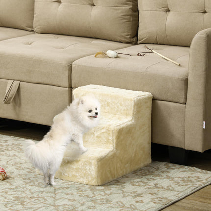 Three-Step Dog Stairs for Small Dogs and Cats with Washable Plush Cover - Beige