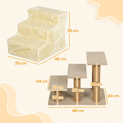 Three-Step Dog Stairs for Small Dogs and Cats with Washable Plush Cover - Beige