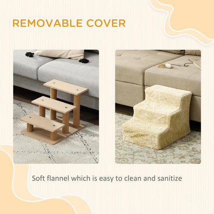 Three-Step Dog Stairs for Small Dogs and Cats with Washable Plush Cover - Beige