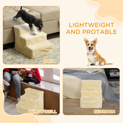 Three-Step Dog Stairs for Small Dogs and Cats with Washable Plush Cover - Beige