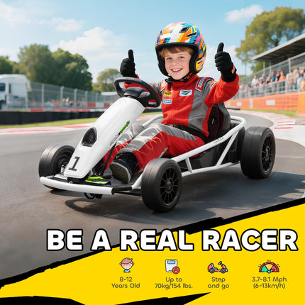 24V Electric Drift Go Kart for Kids 8-12 Years with 2 Speeds - White