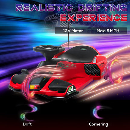 12V Kids Electric Go Kart with Drift, Music & LED Lights - Red
