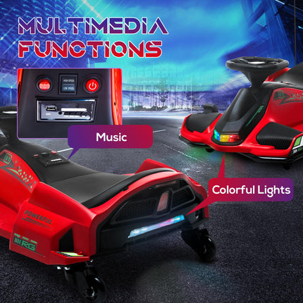 12V Kids Electric Go Kart with Drift, Music & LED Lights - Red