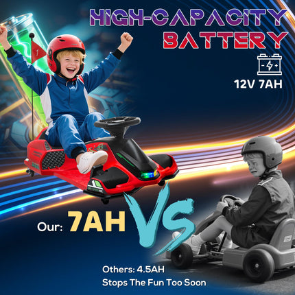 12V Kids Electric Go Kart with Drift, Music & LED Lights - Red