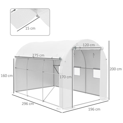 296 x 196cm Steel Frame Polytunnel Greenhouse with 140gsm Cover - White