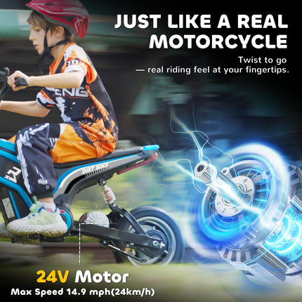 24V Electric Motorbike with Twist Grip Throttle, Music & Horn, 12" Pneumatic Tyres, 16km/h Max Speed - Blue