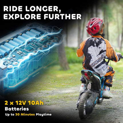 24V Electric Motorbike with Twist Grip Throttle, Music & Horn, 12" Pneumatic Tyres, 16km/h Max Speed - Blue