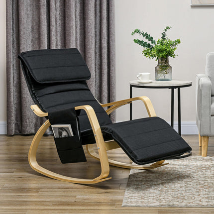 Rocking Lounge Chair Recliner with Adjustable Footrest, Side Pocket & Pillow - Black