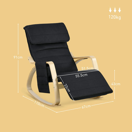 Rocking Lounge Chair Recliner with Adjustable Footrest, Side Pocket & Pillow - Black