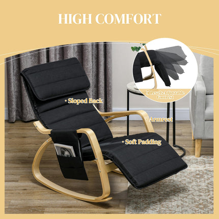 Rocking Lounge Chair Recliner with Adjustable Footrest, Side Pocket & Pillow - Black