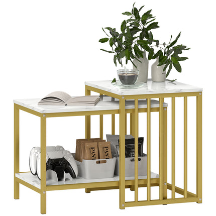 Modern Marble-Effect Nesting Coffee Table Set of Two with Gold Tone Steel Frame - White & Gold Tone