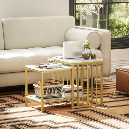 Modern Marble-Effect Nesting Coffee Table Set of Two with Gold Tone Steel Frame - White & Gold Tone