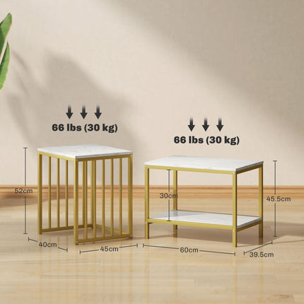 Modern Marble-Effect Nesting Coffee Table Set of Two with Gold Tone Steel Frame - White & Gold Tone
