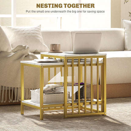 Modern Marble-Effect Nesting Coffee Table Set of Two with Gold Tone Steel Frame - White & Gold Tone