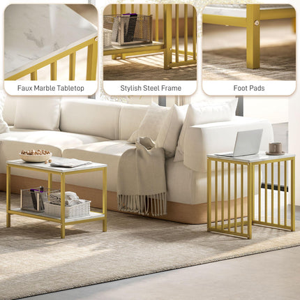 Modern Marble-Effect Nesting Coffee Table Set of Two with Gold Tone Steel Frame - White & Gold Tone