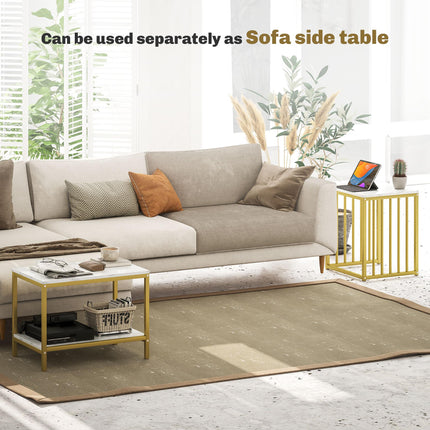 Modern Marble-Effect Nesting Coffee Table Set of Two with Gold Tone Steel Frame - White & Gold Tone