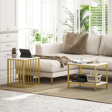 Modern Marble-Effect Nesting Coffee Table Set of Two with Gold Tone Steel Frame - White & Gold Tone