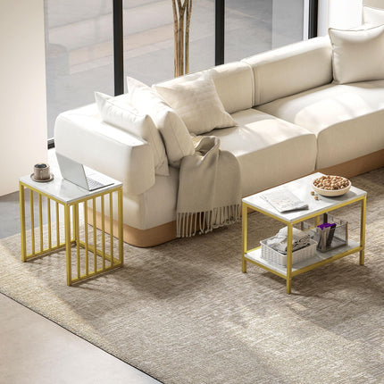 Modern Marble-Effect Nesting Coffee Table Set of Two with Gold Tone Steel Frame - White & Gold Tone