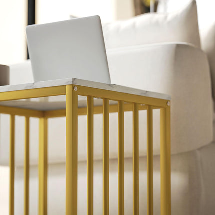 Modern Marble-Effect Nesting Coffee Table Set of Two with Gold Tone Steel Frame - White & Gold Tone