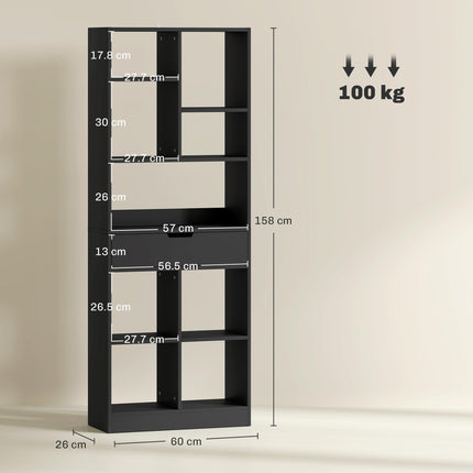 Tall Bookshelf with Drawer, Freestanding Bookcase for Bedroom, Living Room, Home Office, Black