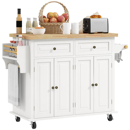 Rolling Kitchen Island Storage Trolley with Rubber Wood Top, Drawers & Cabinets - Cream White