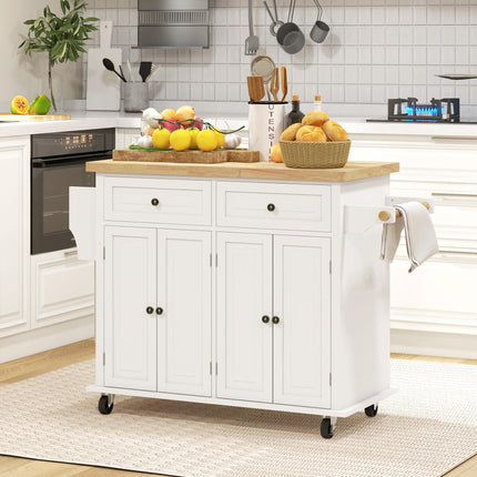 Rolling Kitchen Island Storage Trolley with Rubber Wood Top, Drawers & Cabinets - Cream White