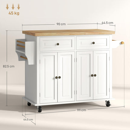 Rolling Kitchen Island Storage Trolley with Rubber Wood Top, Drawers & Cabinets - Cream White