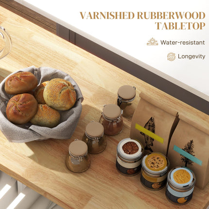 Rolling Kitchen Island Storage Trolley with Rubber Wood Top, Drawers & Cabinets - Cream White