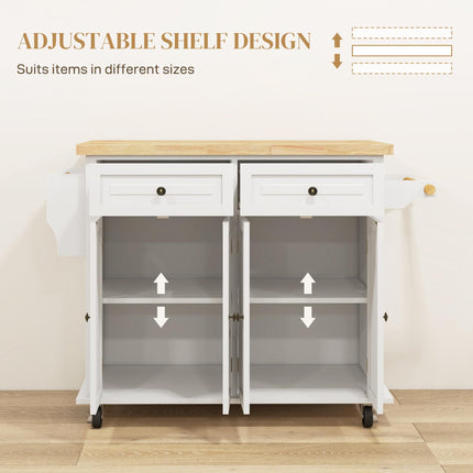 Rolling Kitchen Island Storage Trolley with Rubber Wood Top, Drawers & Cabinets - Cream White