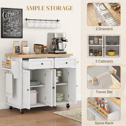 Rolling Kitchen Island Storage Trolley with Rubber Wood Top, Drawers & Cabinets - Cream White