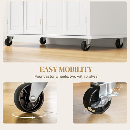 Rolling Kitchen Island Storage Trolley with Rubber Wood Top, Drawers & Cabinets - Cream White