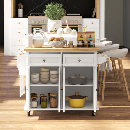 Rolling Kitchen Island Storage Trolley with Rubber Wood Top, Drawers & Cabinets - Cream White