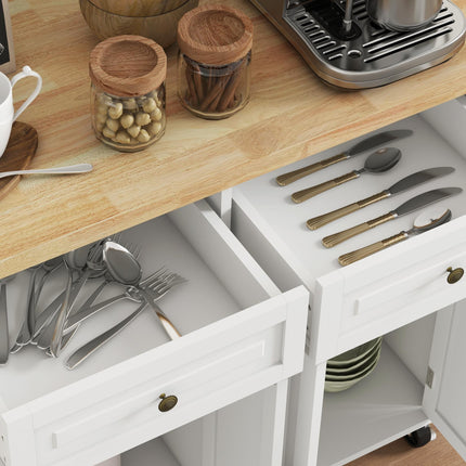 Rolling Kitchen Island Storage Trolley with Rubber Wood Top, Drawers & Cabinets - Cream White