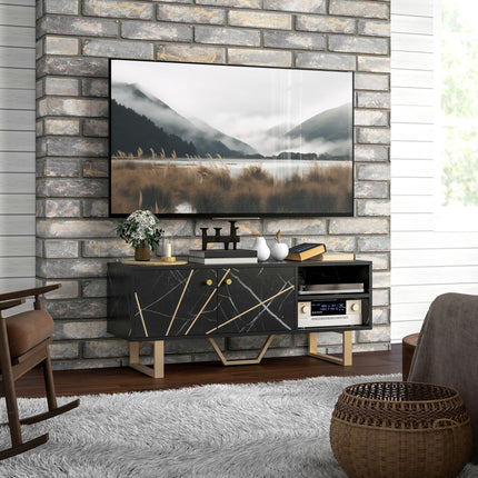 TV Stand Cabinet for TVs up to 50 Inches with Storage Shelves and Cupboard - Black Marble Tone