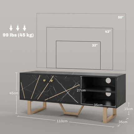 TV Stand Cabinet for TVs up to 50 Inches with Storage Shelves and Cupboard - Black Marble Tone
