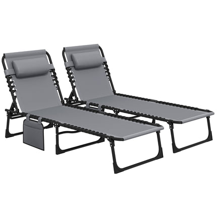 Portable Folding Sun Lounger Set of 2 with 5-Position Reclining Backrest, Side Pocket & Pillow - Grey