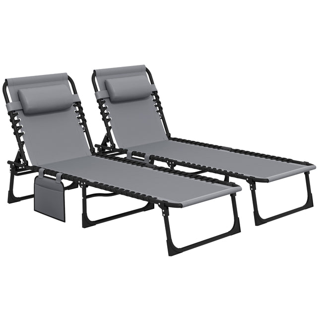 Portable Folding Sun Lounger Set of 2 with 5-Position Reclining Backrest, Side Pocket & Pillow - Grey