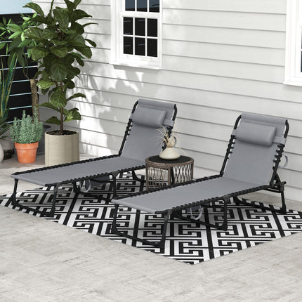 Portable Folding Sun Lounger Set of 2 with 5-Position Reclining Backrest, Side Pocket & Pillow - Grey