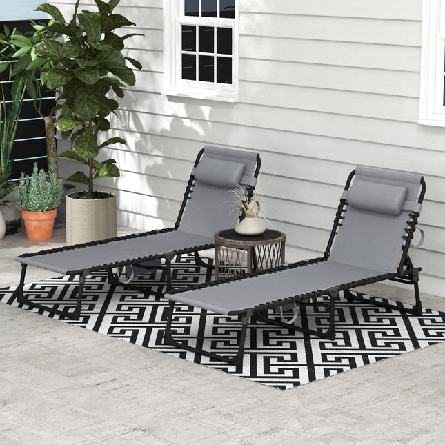 Portable Folding Sun Lounger Set of 2 with 5-Position Reclining Backrest, Side Pocket & Pillow - Grey