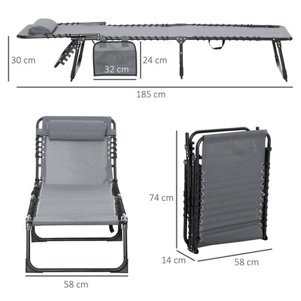 Portable Folding Sun Lounger Set of 2 with 5-Position Reclining Backrest, Side Pocket & Pillow - Grey