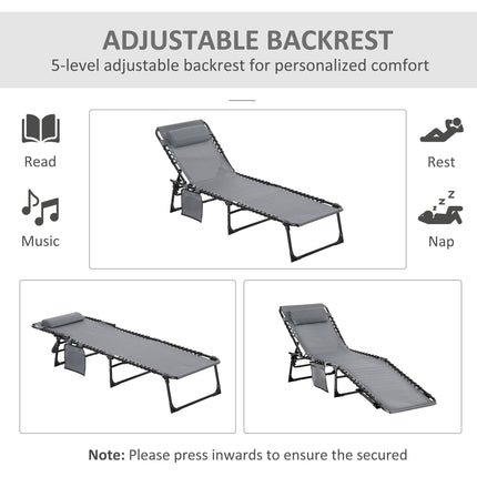 Portable Folding Sun Lounger Set of 2 with 5-Position Reclining Backrest, Side Pocket & Pillow - Grey