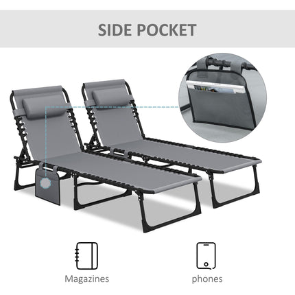 Portable Folding Sun Lounger Set of 2 with 5-Position Reclining Backrest, Side Pocket & Pillow - Grey