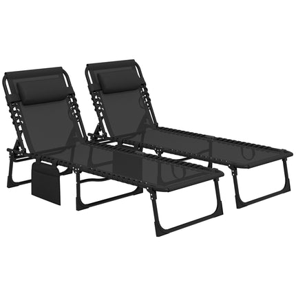 Portable Sun Lounger Set of 2 Folding Camping Beds with 5-Position Adjustable Backrest, Side Pocket & Pillow - Black
