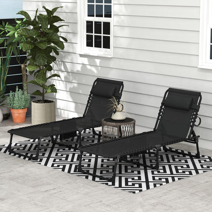 Portable Sun Lounger Set of 2 Folding Camping Beds with 5-Position Adjustable Backrest, Side Pocket & Pillow - Black