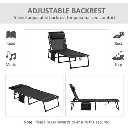 Portable Sun Lounger Set of 2 Folding Camping Beds with 5-Position Adjustable Backrest, Side Pocket & Pillow - Black