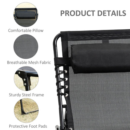 Portable Sun Lounger Set of 2 Folding Camping Beds with 5-Position Adjustable Backrest, Side Pocket & Pillow - Black